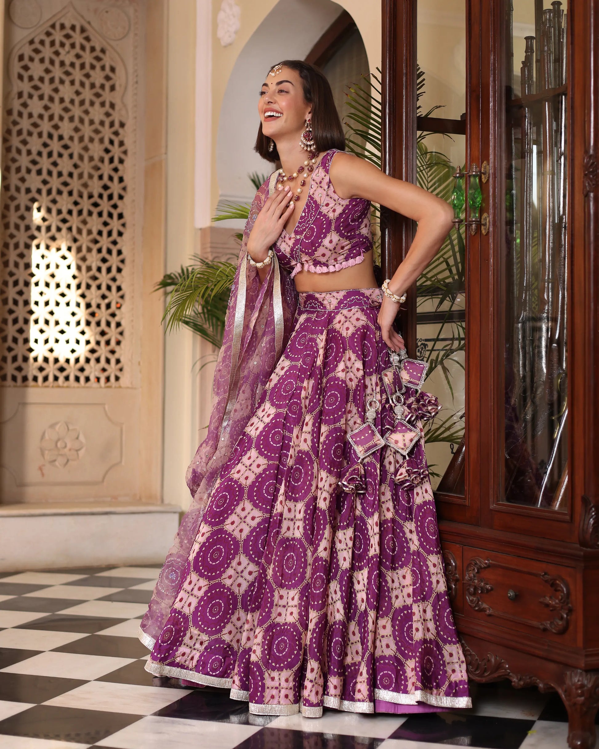 Lavender Printed Satin Lehenga Set My Store
