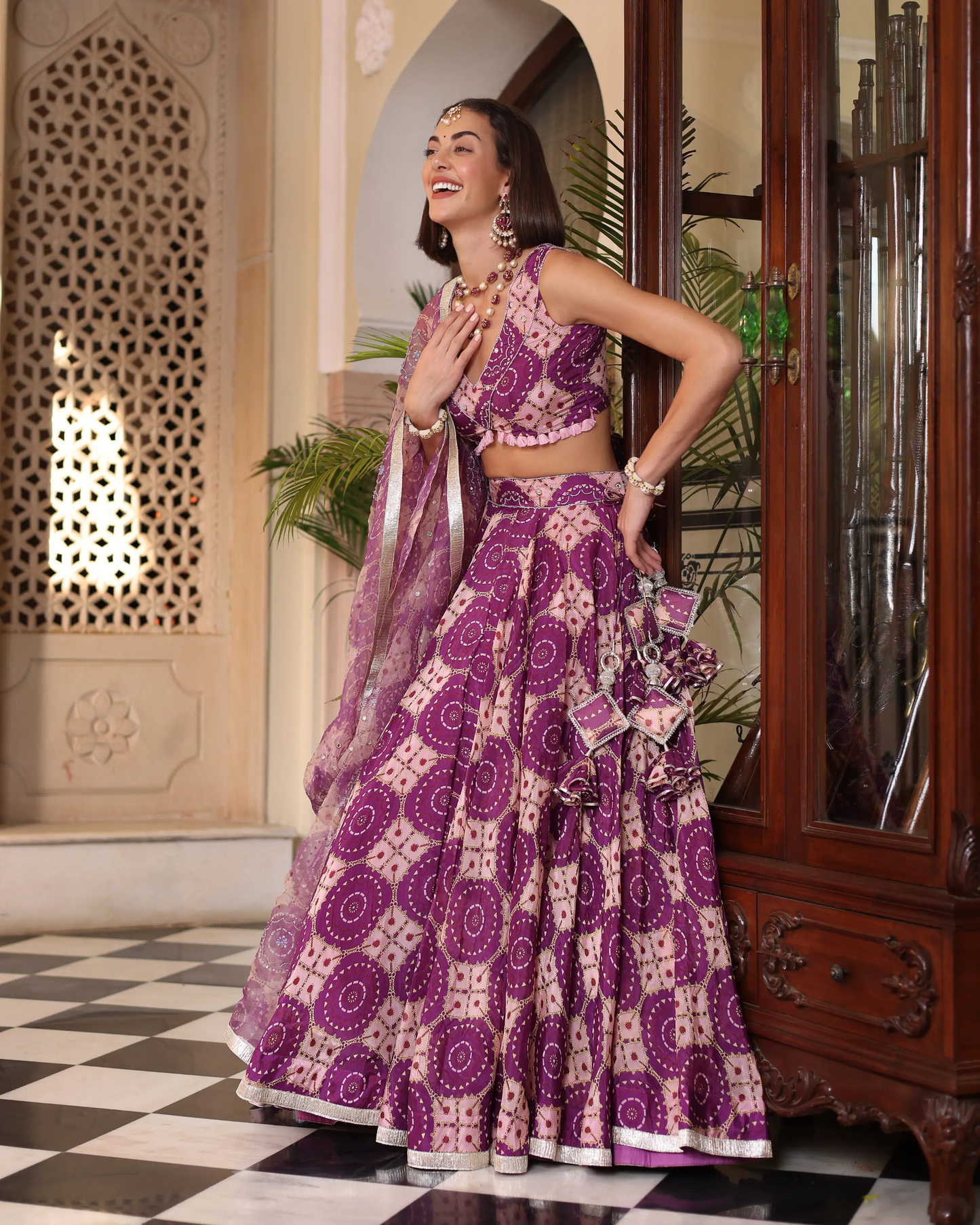 Lavender Printed Satin Lehenga Set My Store