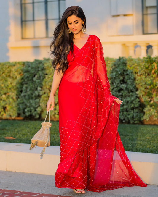 Urban Red Pure Chiffon Saree My Store