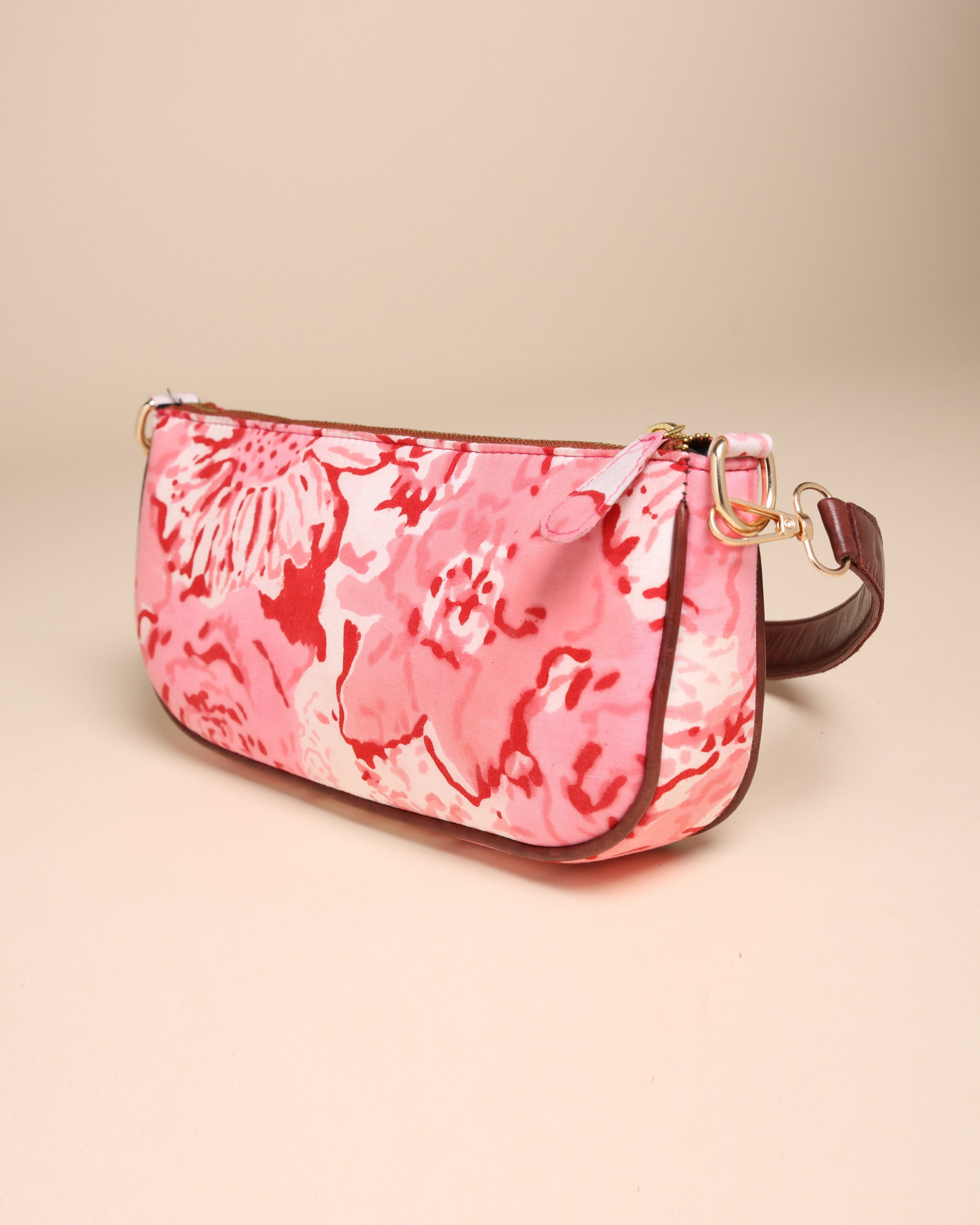 Peach Rosa Cotton Blockprinted Mini Baguette Bag Quick Cart