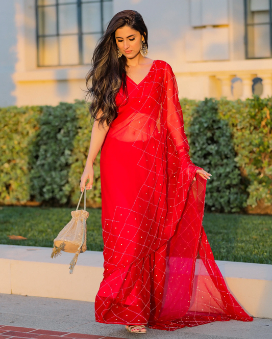 Urban Red Pure Chiffon Saree My Store