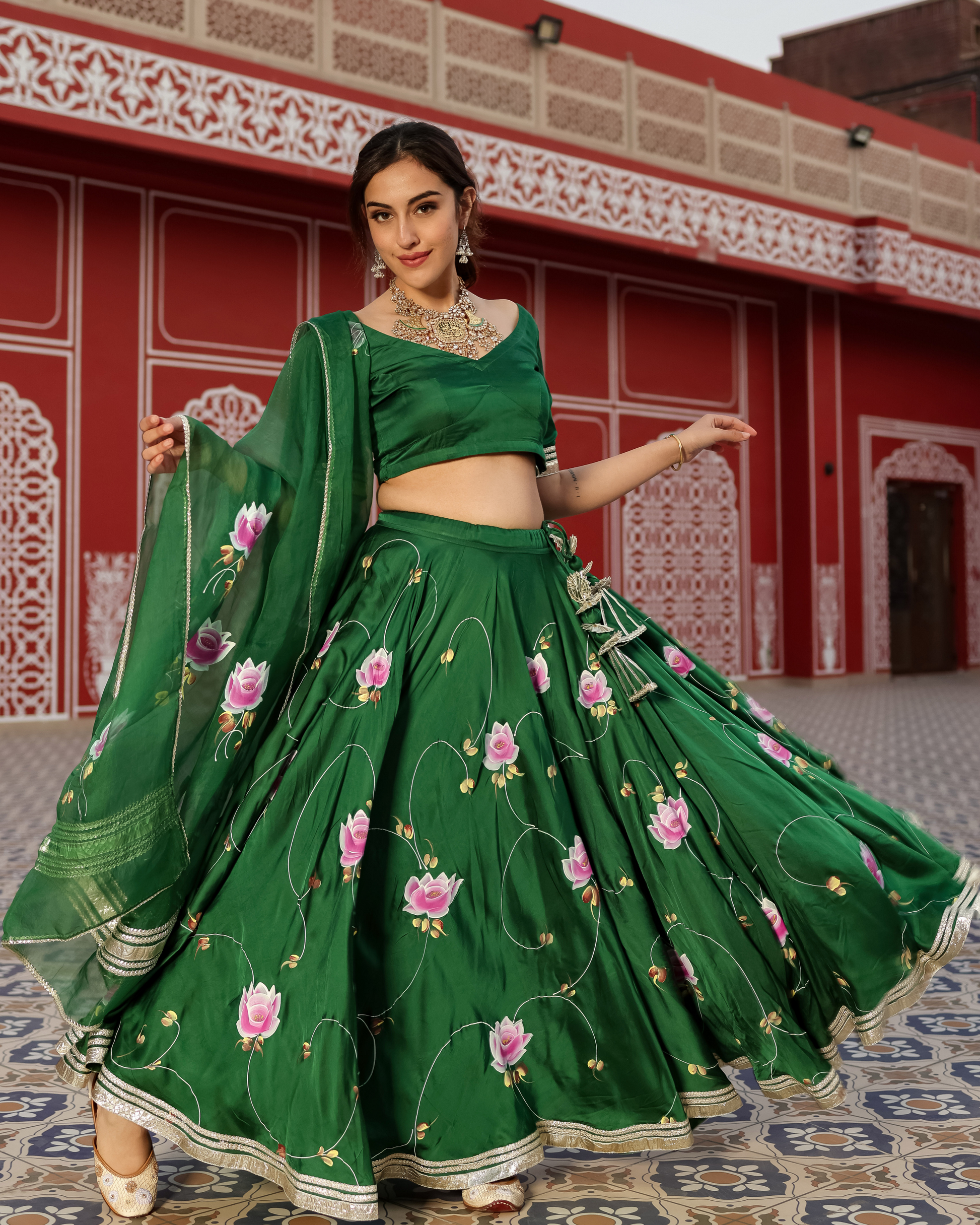 Formal Green Handpainted Lehenga Set Quick Cart