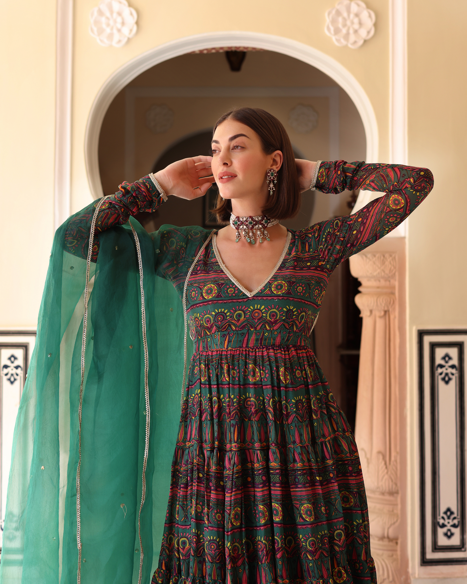 Dune Green Printed Chinon Suit Set Quick Cart