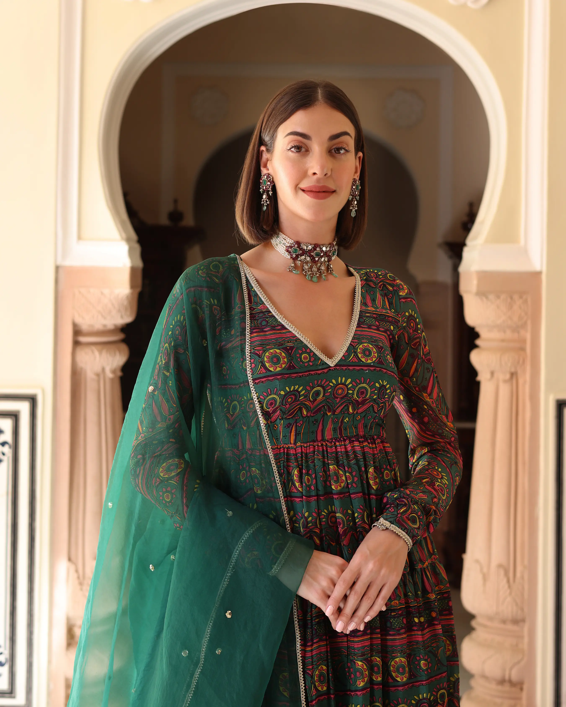 Dune Green Printed Chinon Suit Set My Store