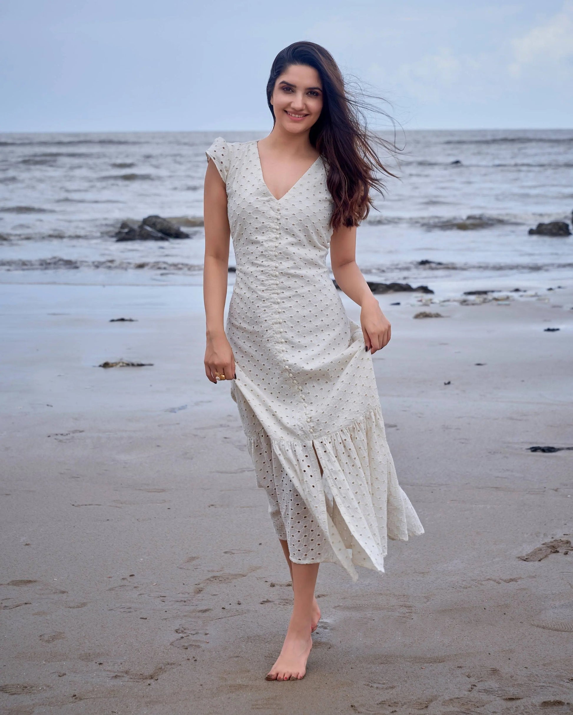 Parakeet White Solid Cotton Schiffli Dress My Store