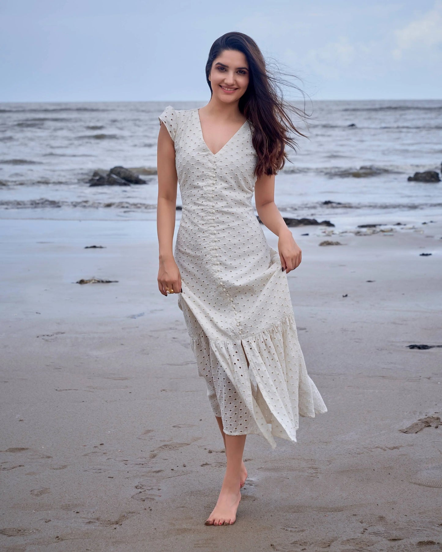 Parakeet White Solid Cotton Schiffli Dress My Store