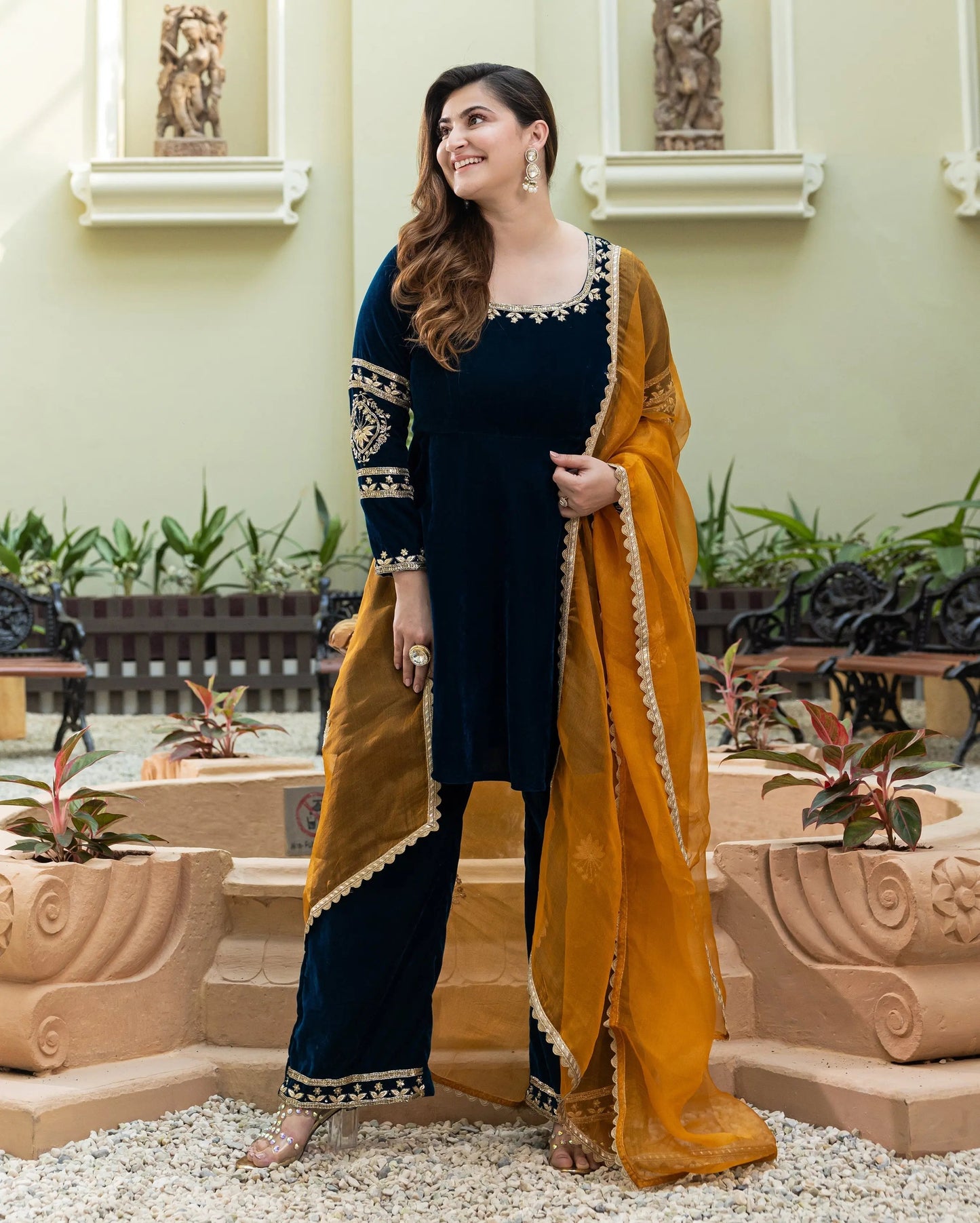 Khizani Teal Blue Embroidered Velvet Suit Set My Store