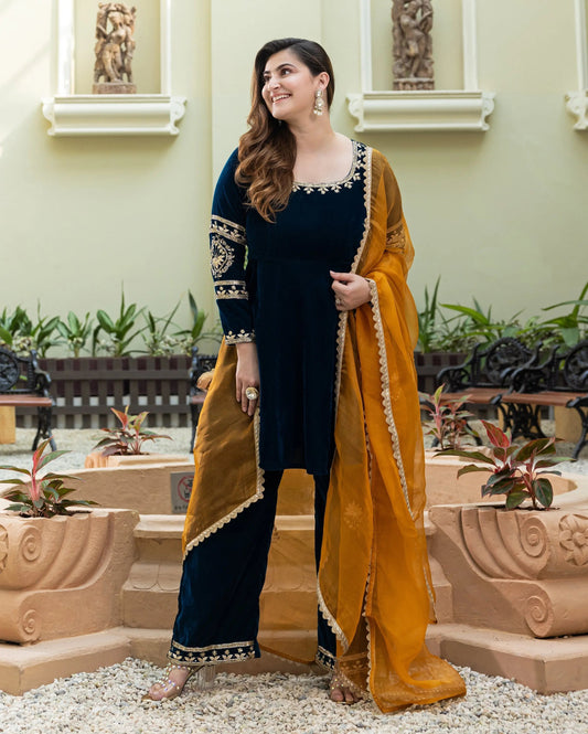 Khizani Teal Blue Embroidered Velvet Suit Set My Store