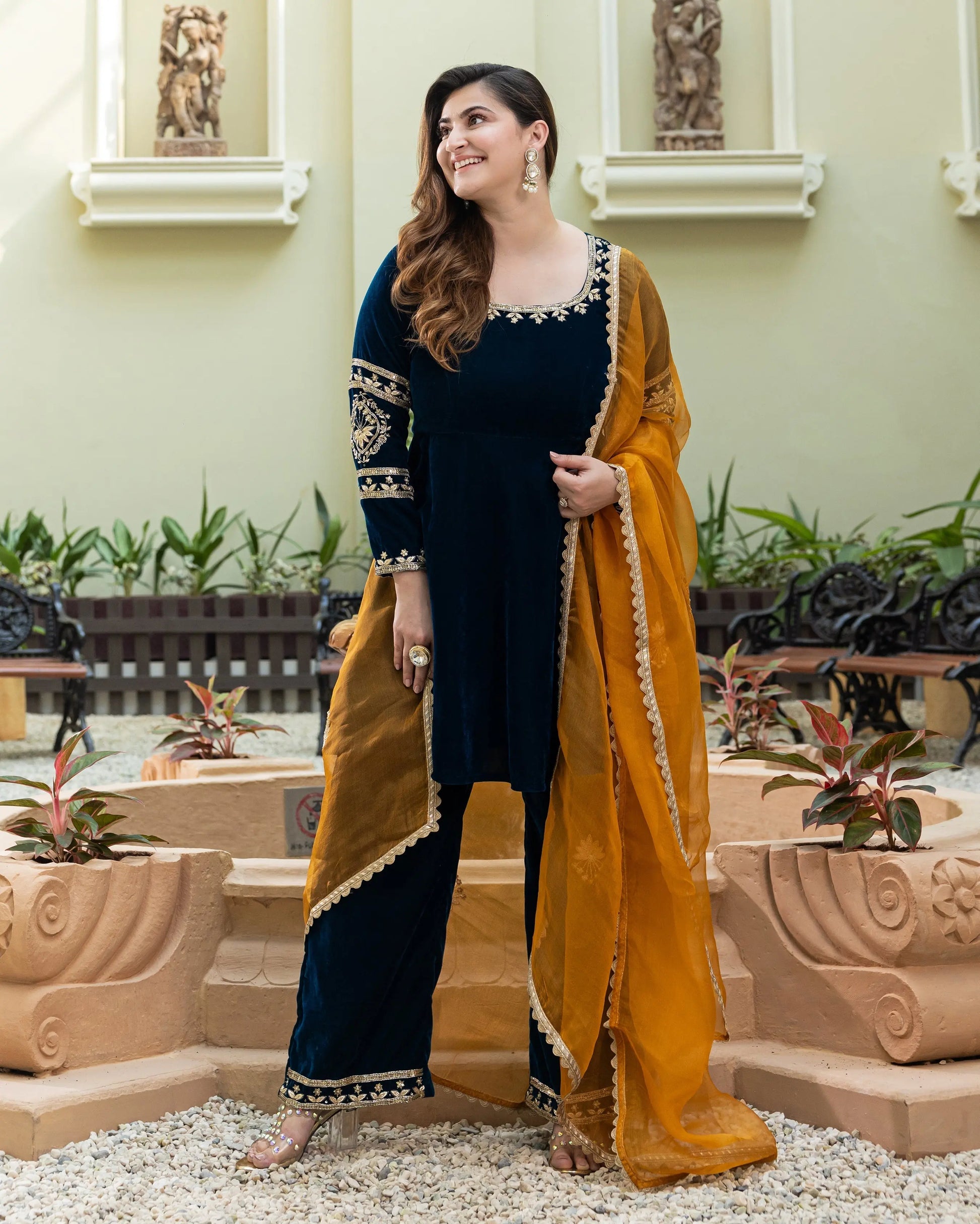 Khizani Teal Blue Embroidered Velvet Suit Set My Store