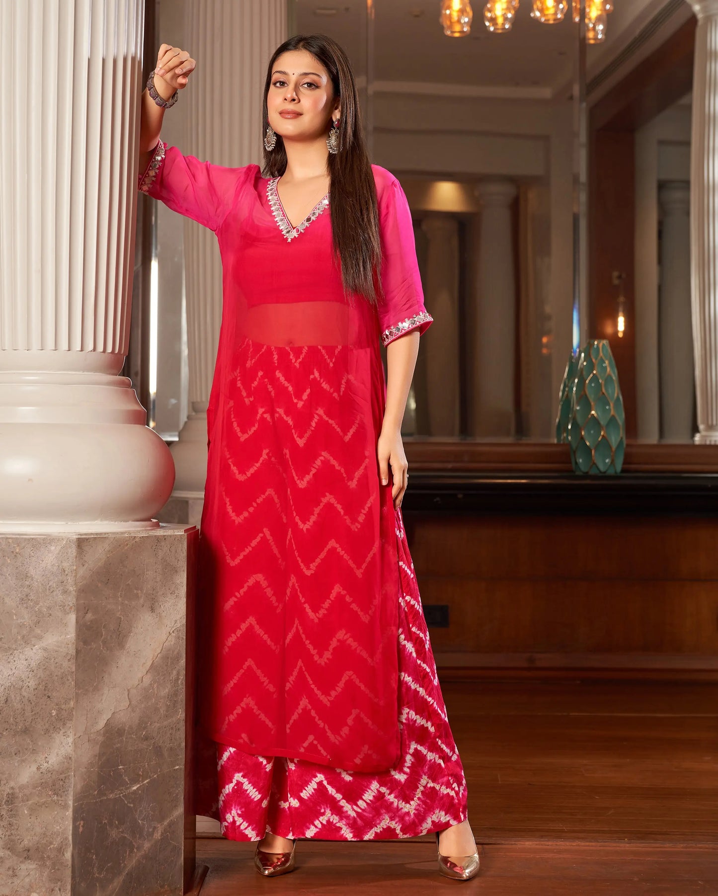 Arya Red Pink Ombre Leheriya Organza Kurta Set My Store