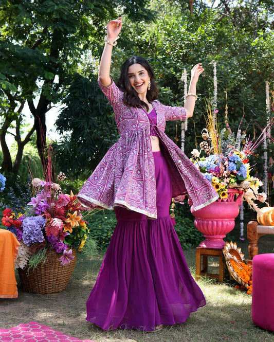 Geometric Purple Elegance Printed Satin Sharara Set My Store