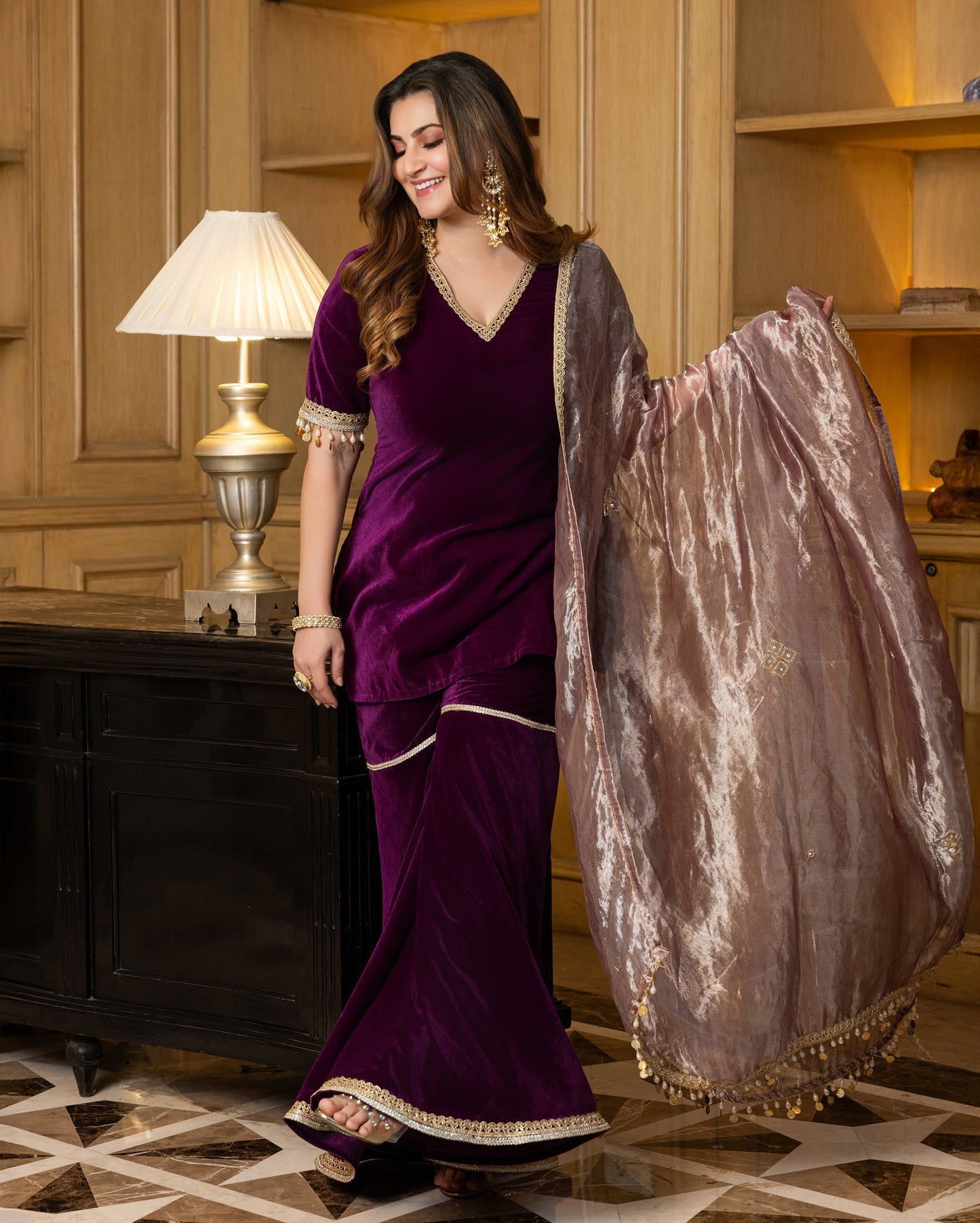 Jawahar Purple Solid Velvet Sharara Set My Store