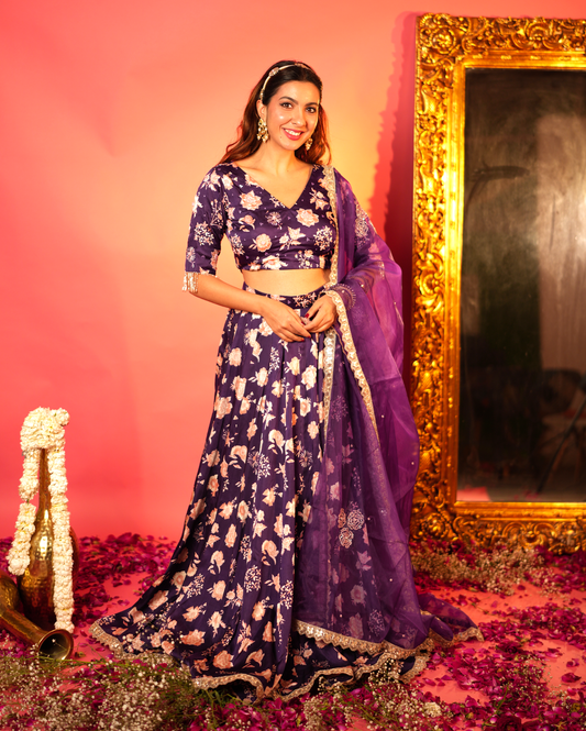 Nandani Purple Printed Satin Lehenga Set My Store