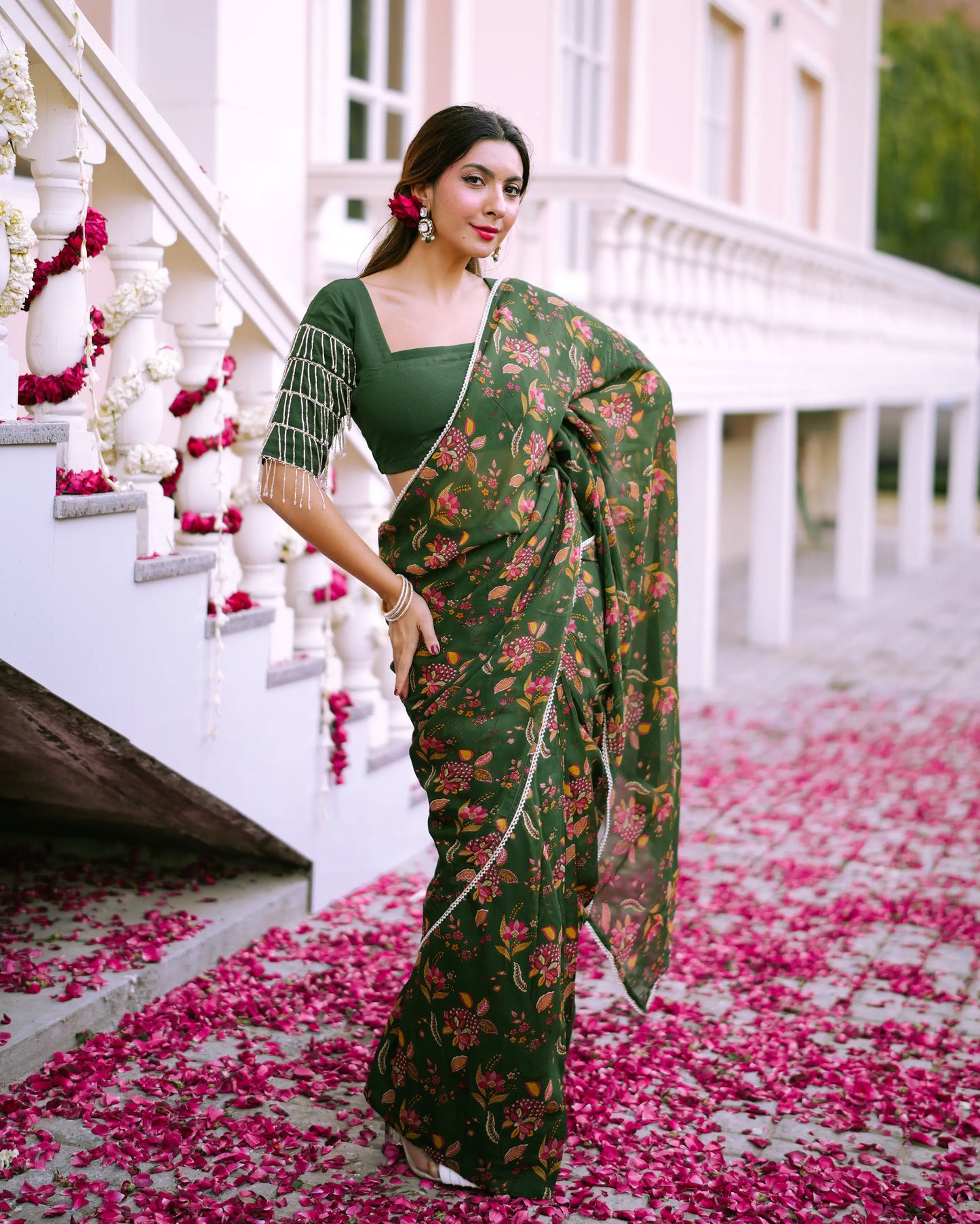 Kusum Green Printed Georgette Pre-draped Saree My Store