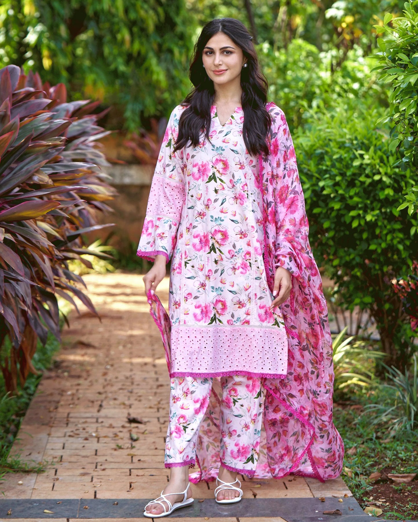 Plumeria Pink Printed Cotton Suit Set My Store