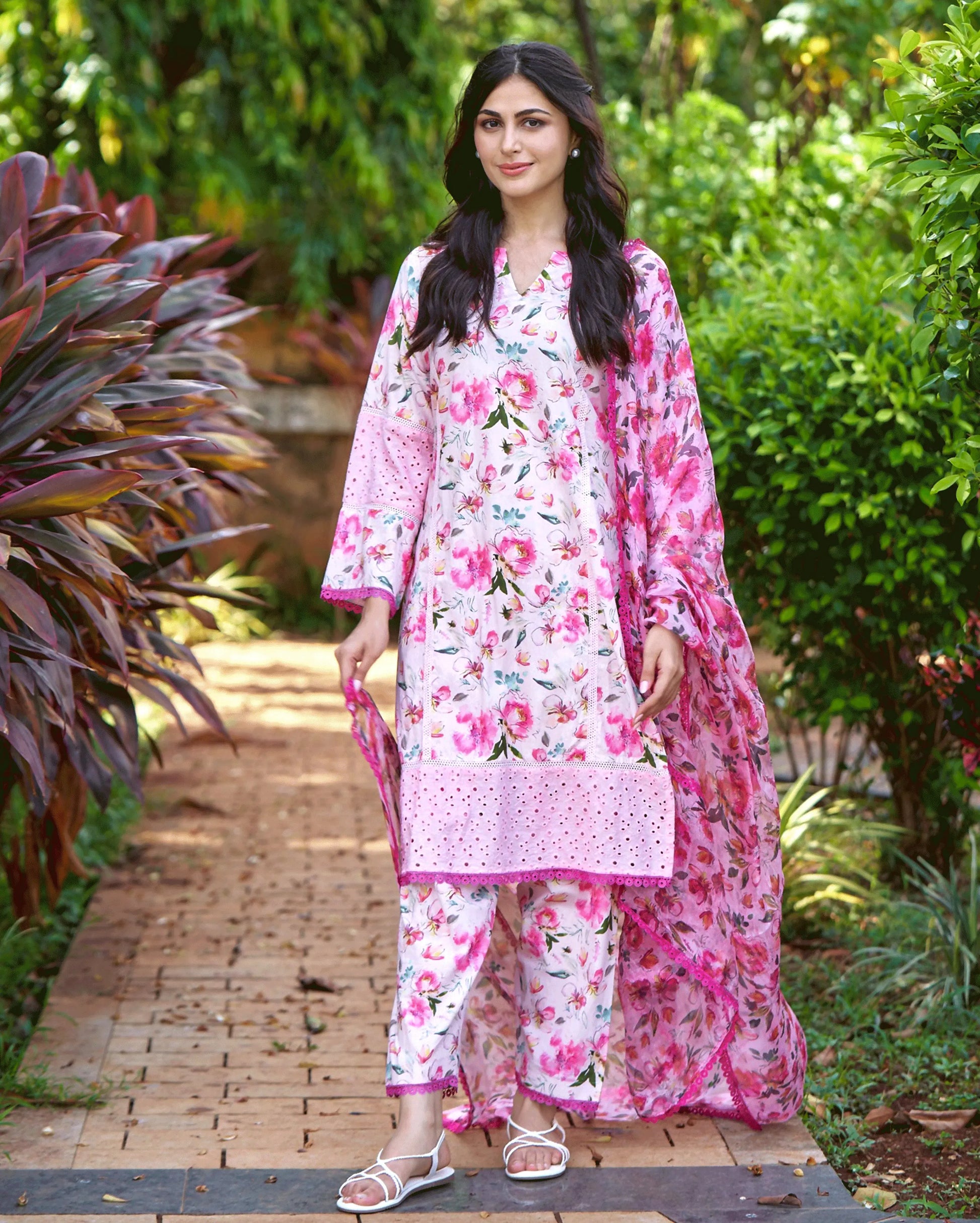 Plumeria Pink Printed Cotton Suit Set My Store