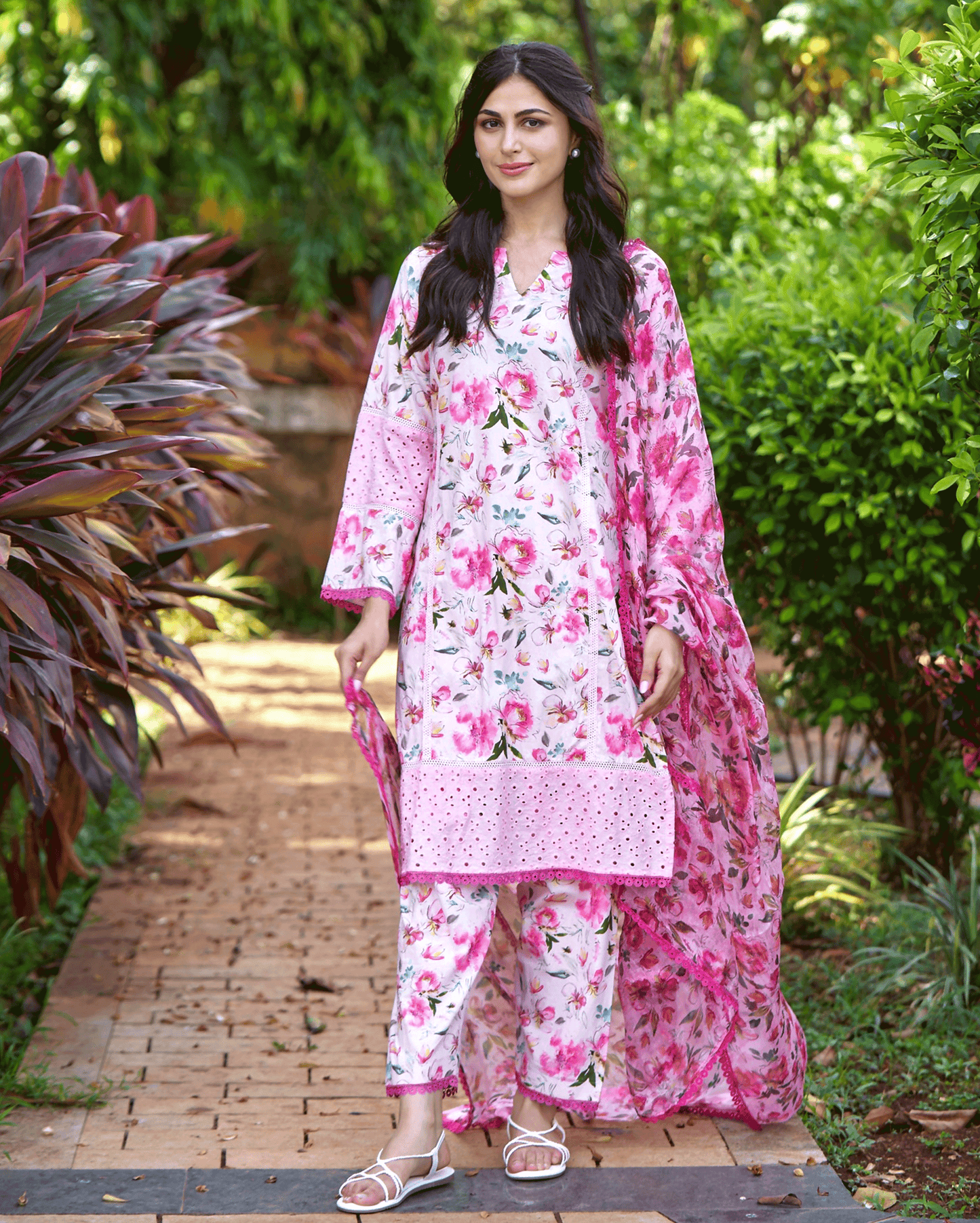 Plumeria Pink Printed Cotton Suit Set My Store