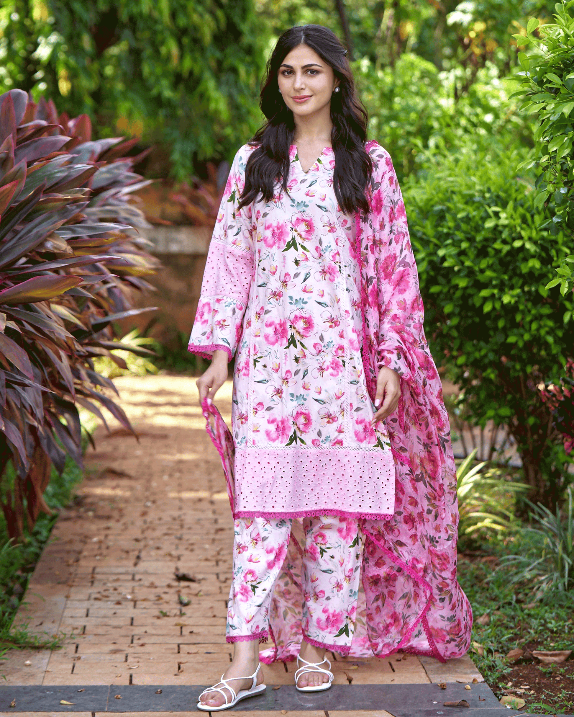 Plumeria Pink Printed Cotton Suit Set My Store