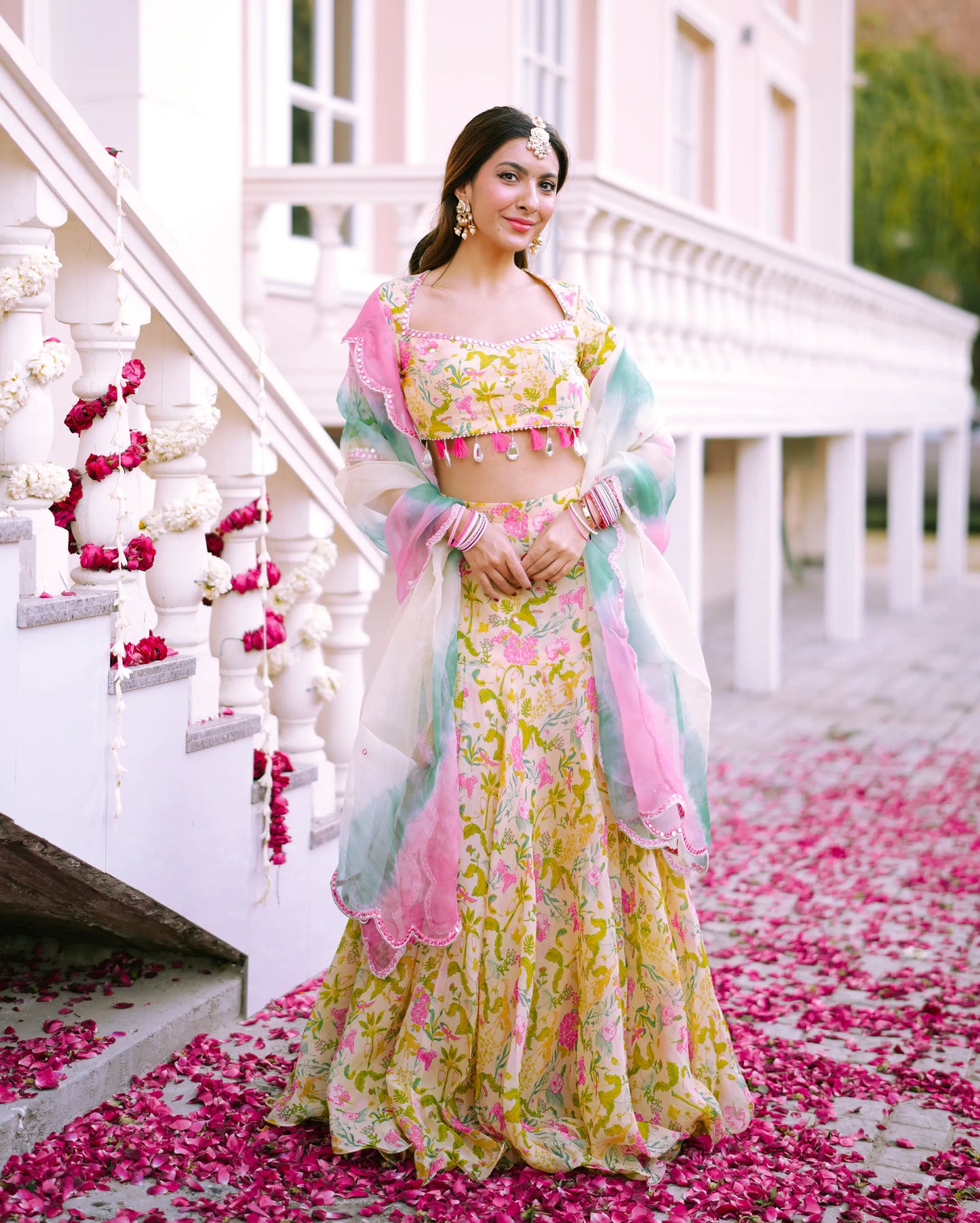Vidari Cream Printed Organza Lehenga Set My Store