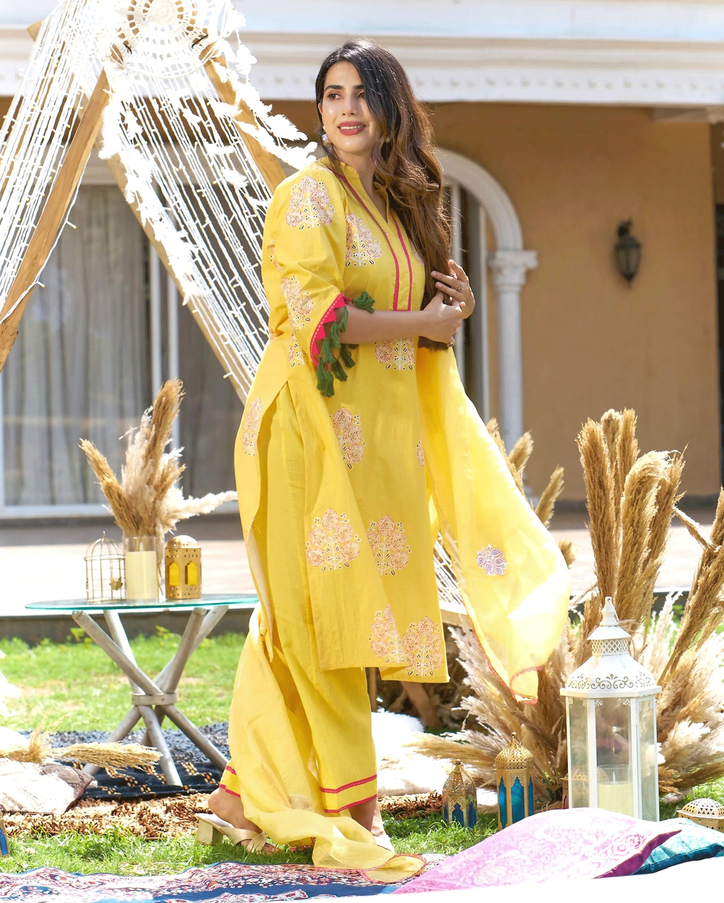 Trishika Yellow Printed Cotton Suit Set My Store