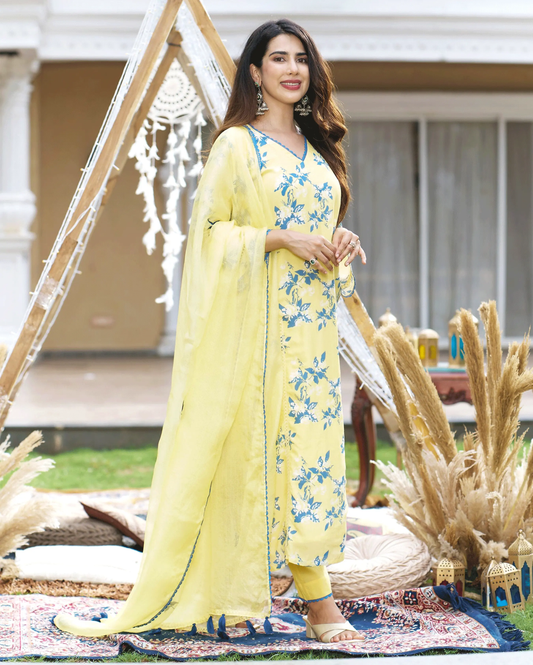 Shrinika Yellow Printed Silk Suit Set My Store