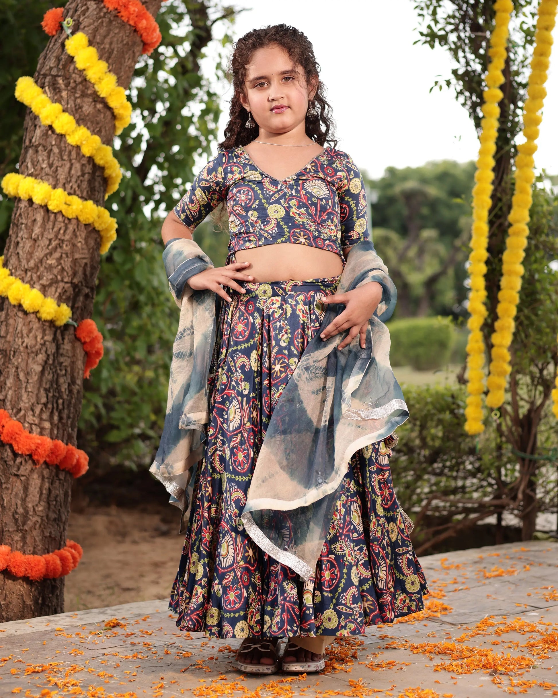 Taffy Blue Printed Embroidered Satin Lehenga Set My Store