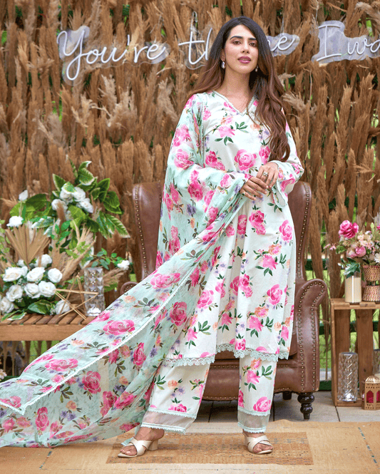 Zinnia Green Printed Cotton Suit Set