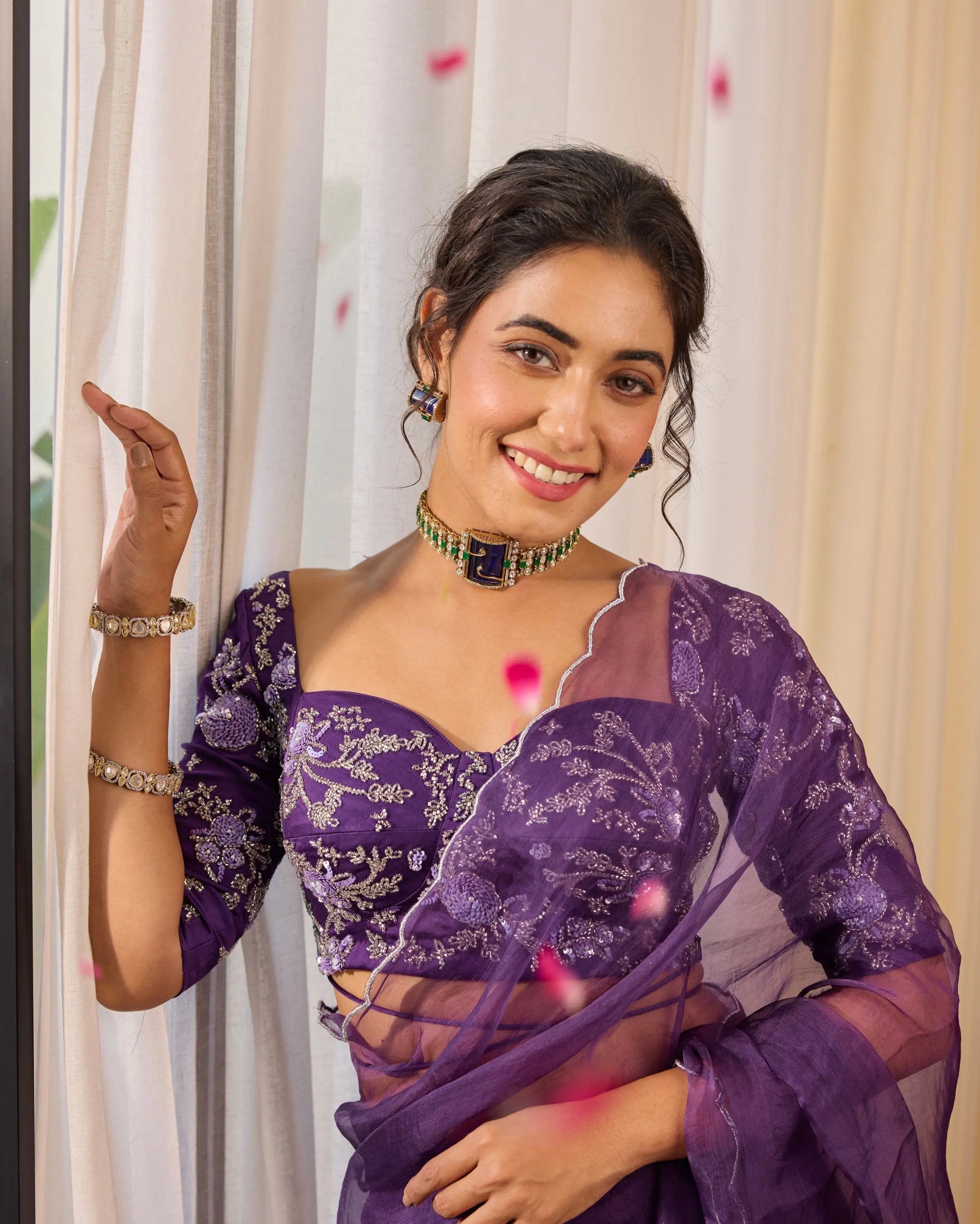 Violet Flutter Satin Embroidered Blouse My Store