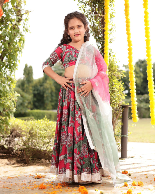 Frolic Red Printed Chanderi Lehenga Set My Store