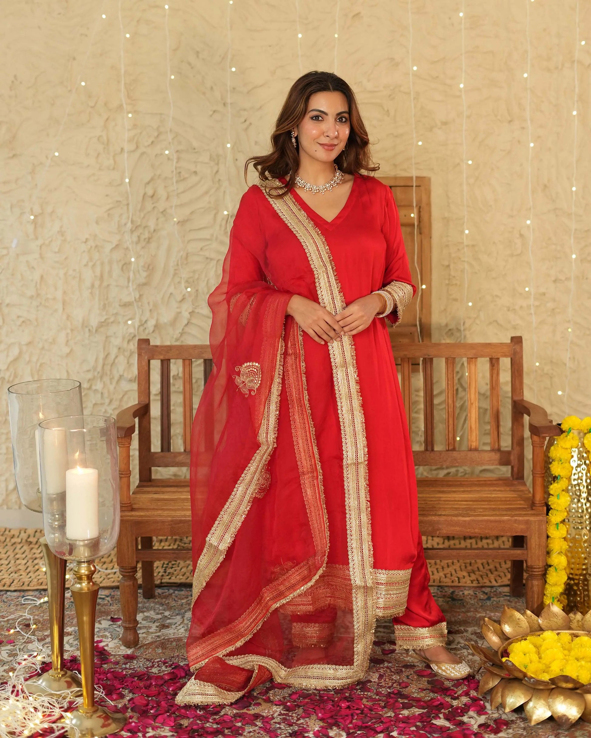 Kumkum Red Solid Satin Suit Set My Store