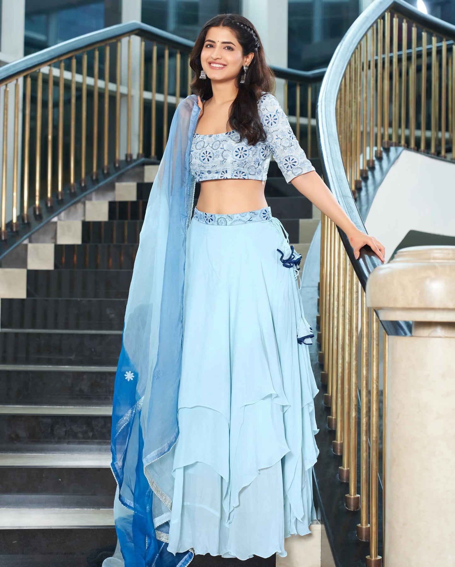 Riwaaz Pastel Blue Embroidered Chinon Lehenga Set My Store