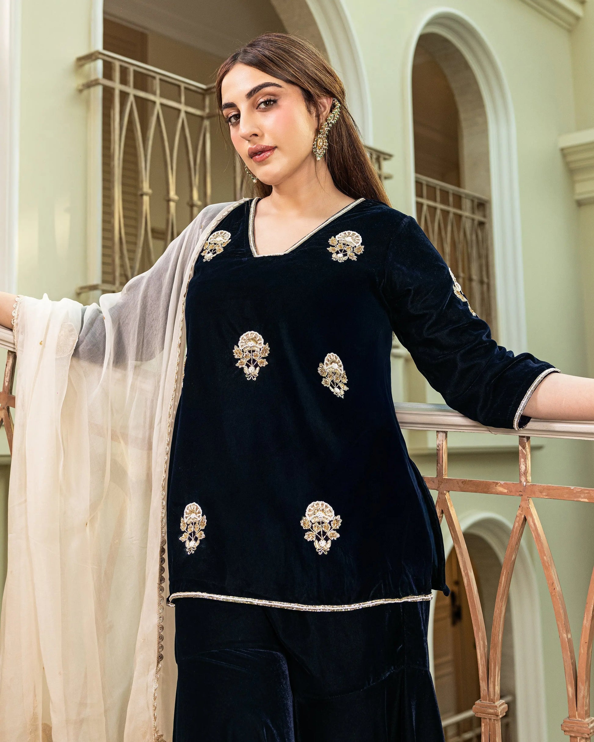 Nihayat Navy Embroidered Velvet Sharara Set My Store