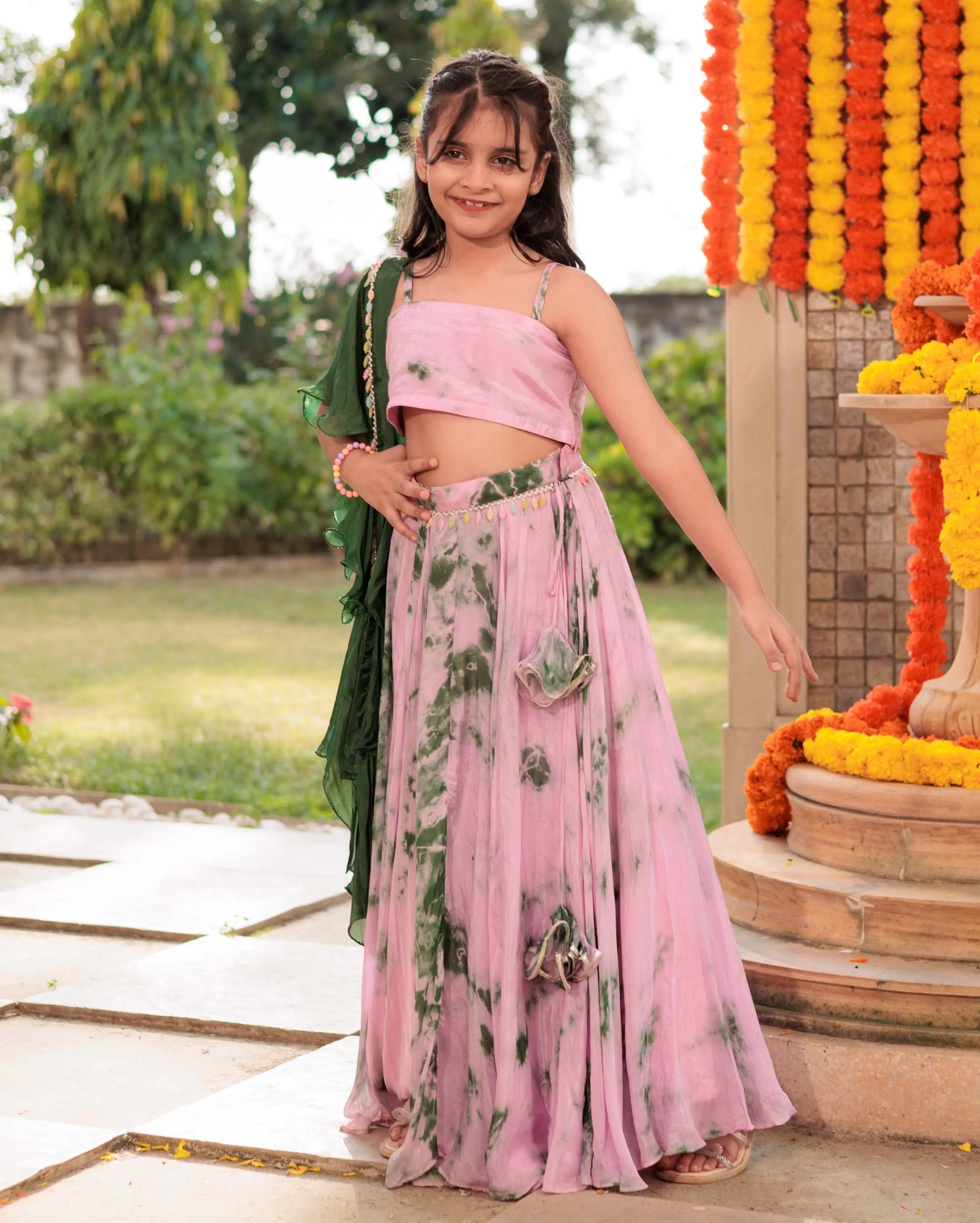 Rainbow Ripple Pink Green Tie Dye Silk Lehenga set My Store