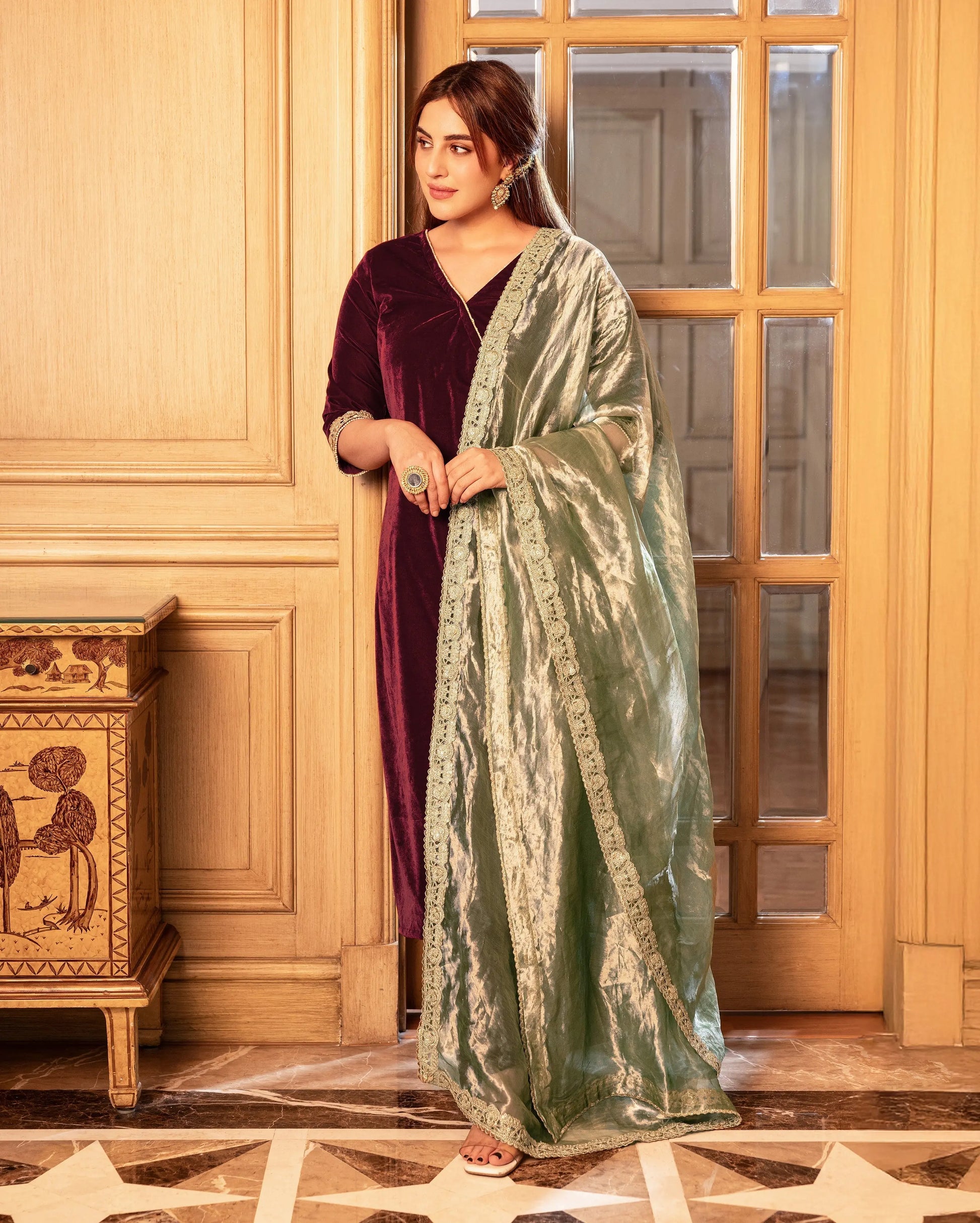 Behana Maroon Solid Velvet Suit Set My Store