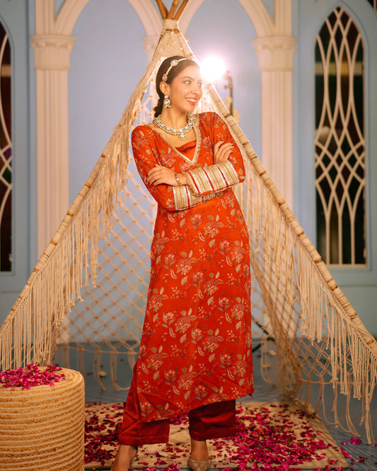 Veda Orange Printed Georgette Kurta Set My Store