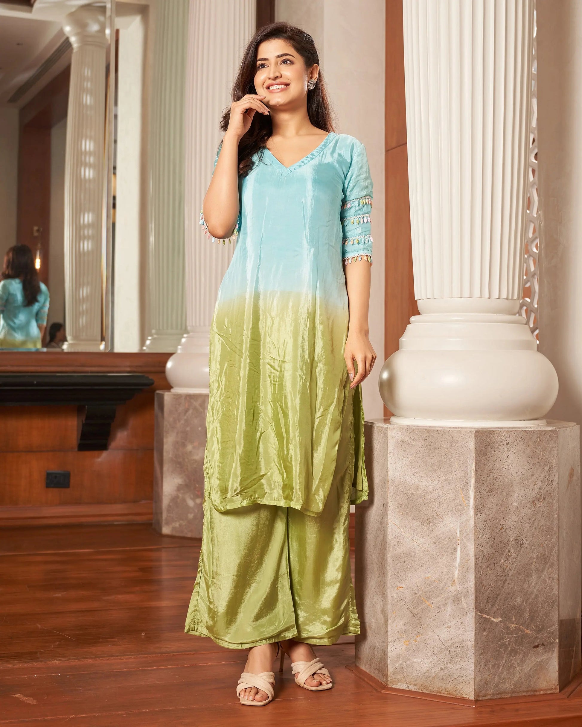Matsya Blue Green Ombre Silk Kurta Set My Store
