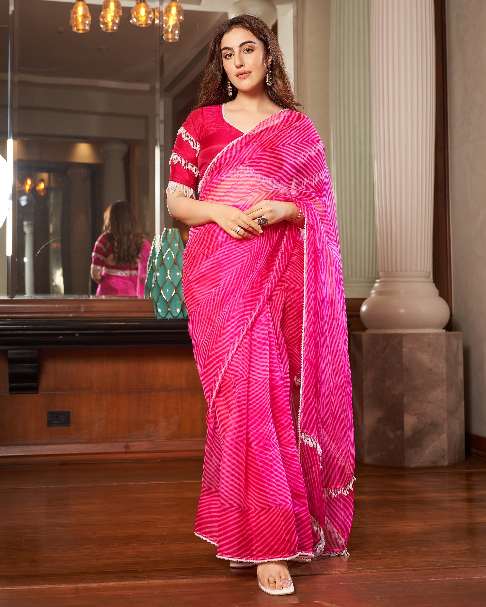 Sangam Pink Leheriya Organza Pre Draped Saree Quick Cart