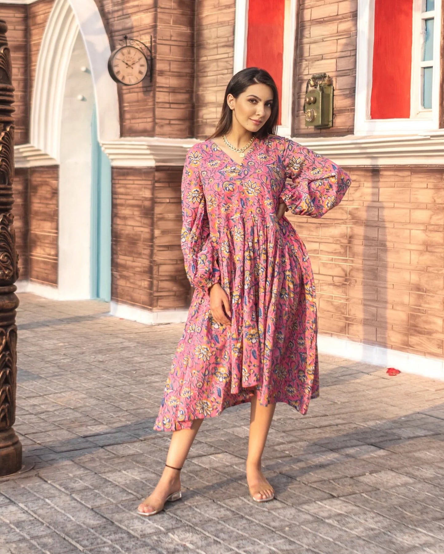 Pink Dayflower Handblock Cotton Dress My Store