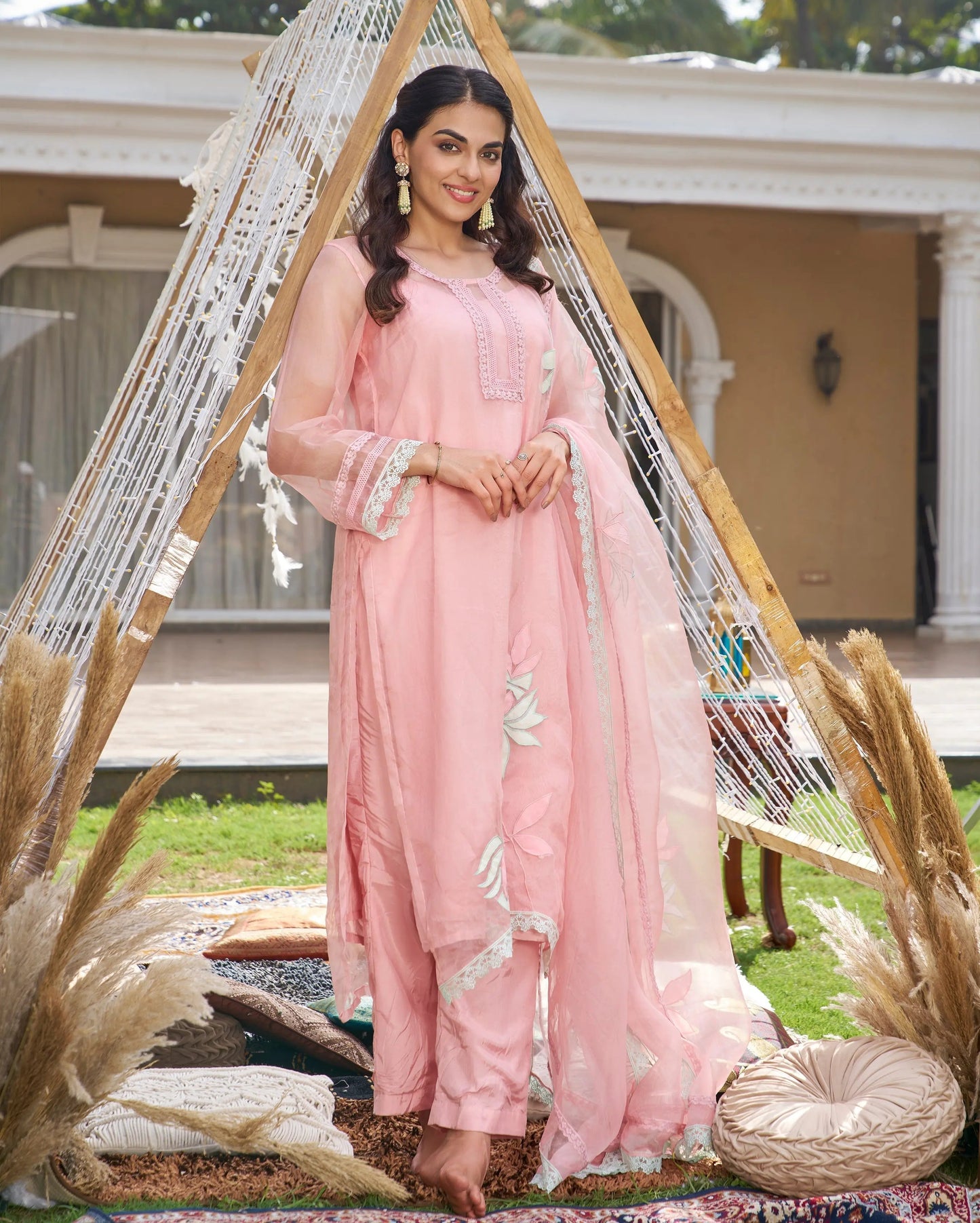 Disha Pink Applique Organza Kurta Set My Store