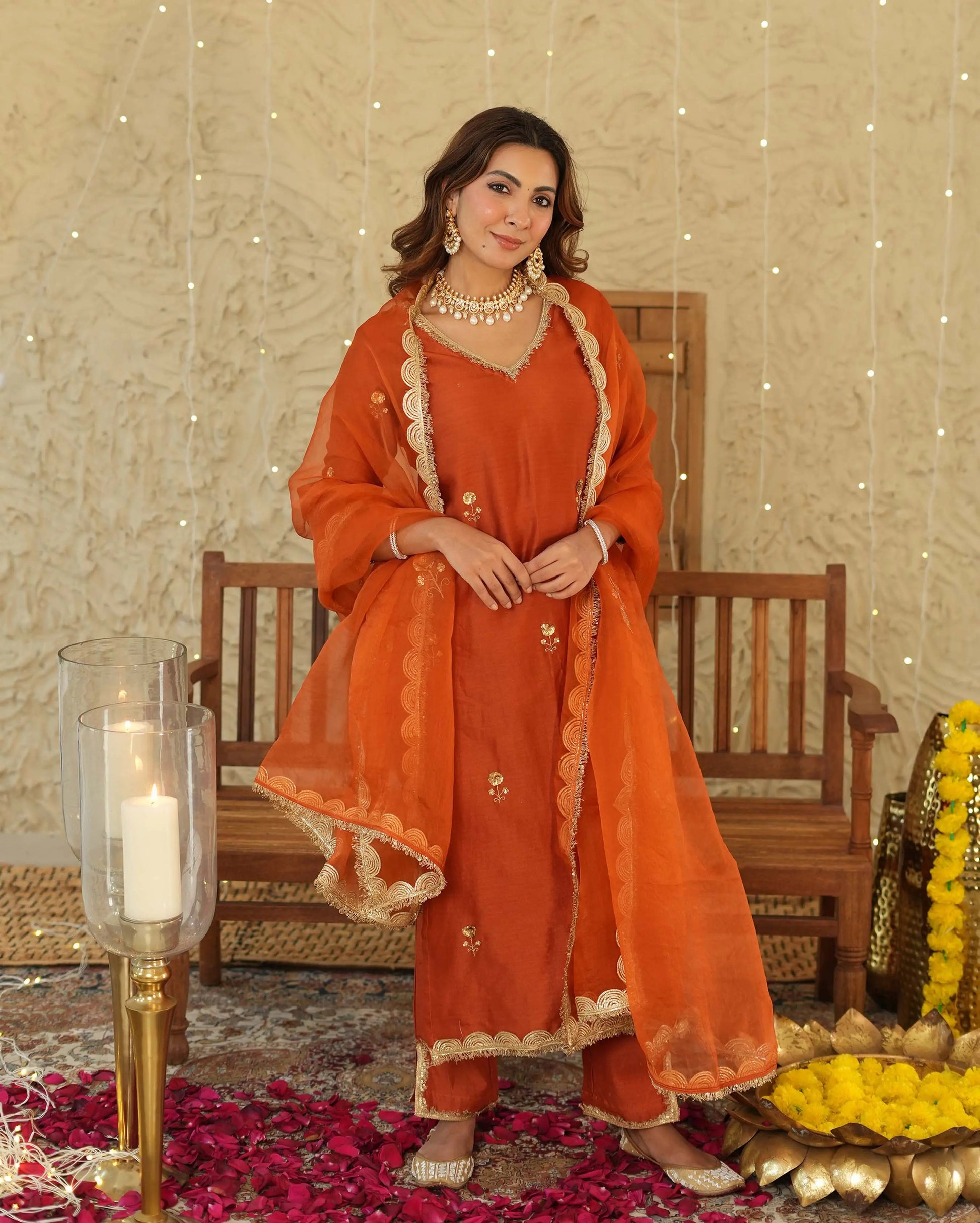 Roshni Orange Embroidered Chanderi Suit Set My Store
