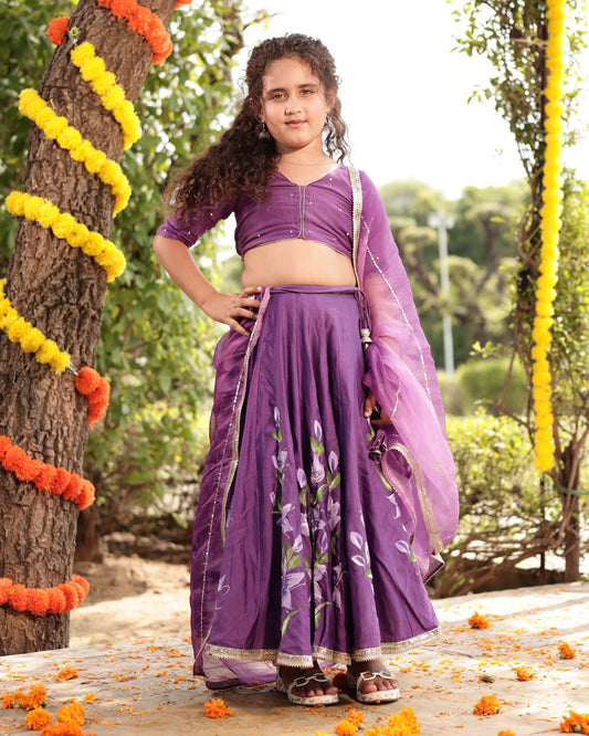 Berry Purple Handpainted Chanderi Lehenga Set My Store