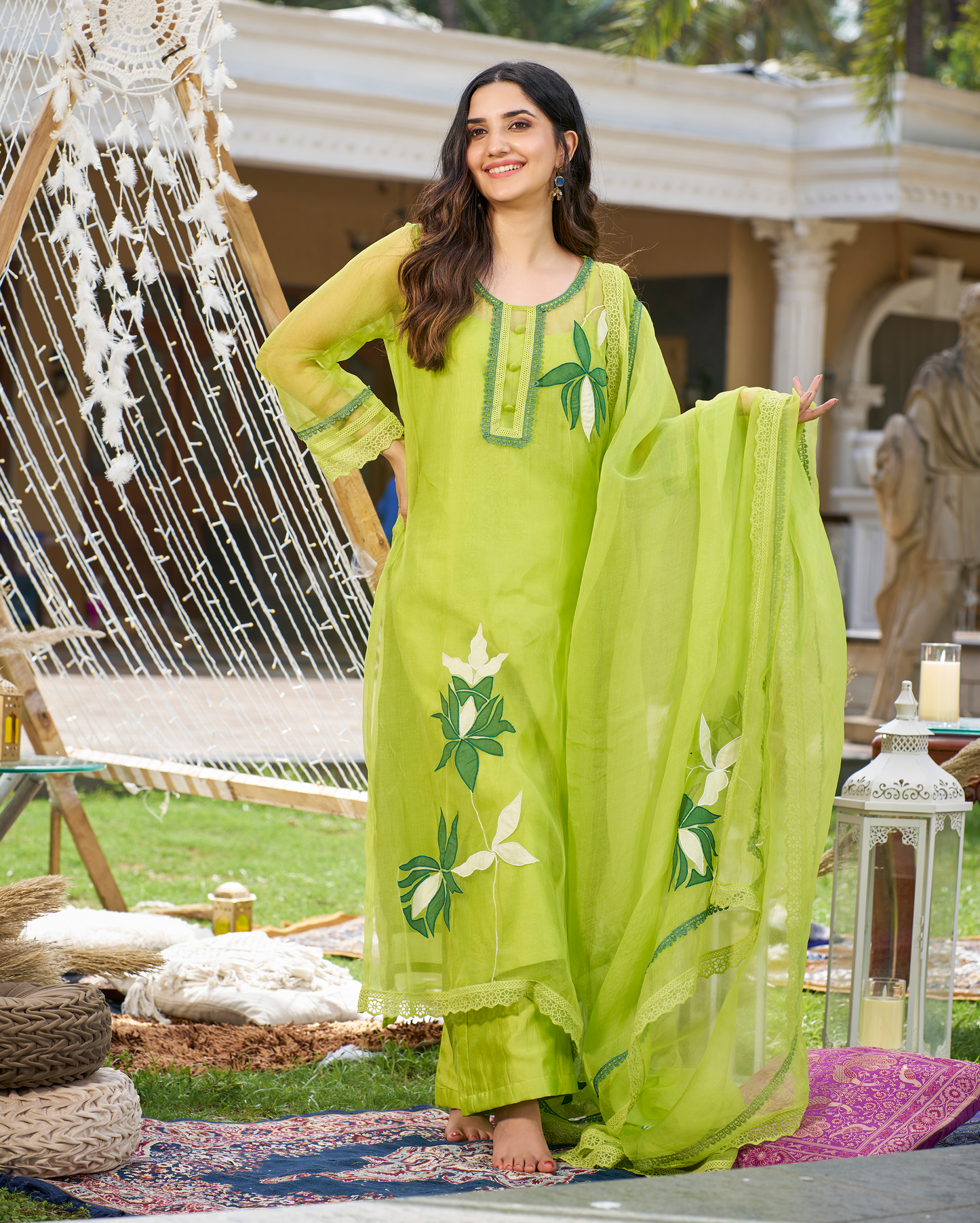 Daai Neon Green Applique Organza Kurta Set Quick Cart
