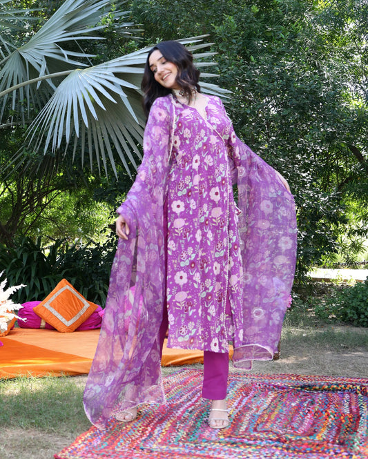 Iris Bloom Purple Printed Georgette Suit Set My Store