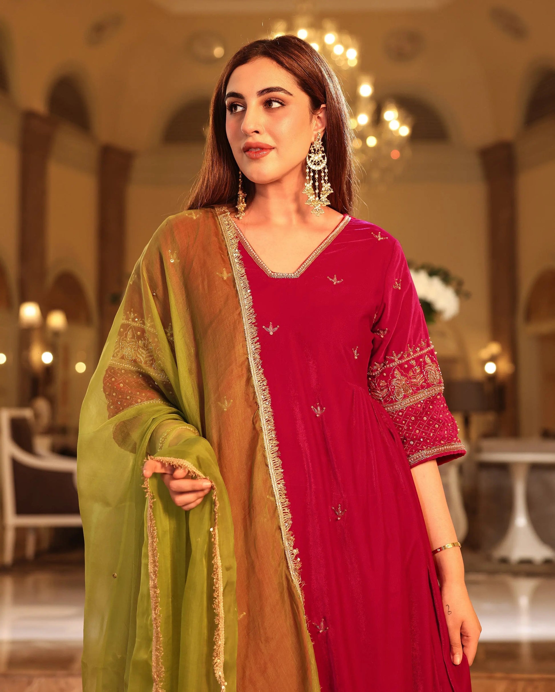 Mazrat Pink Embroidered Velvet Suit Set My Store