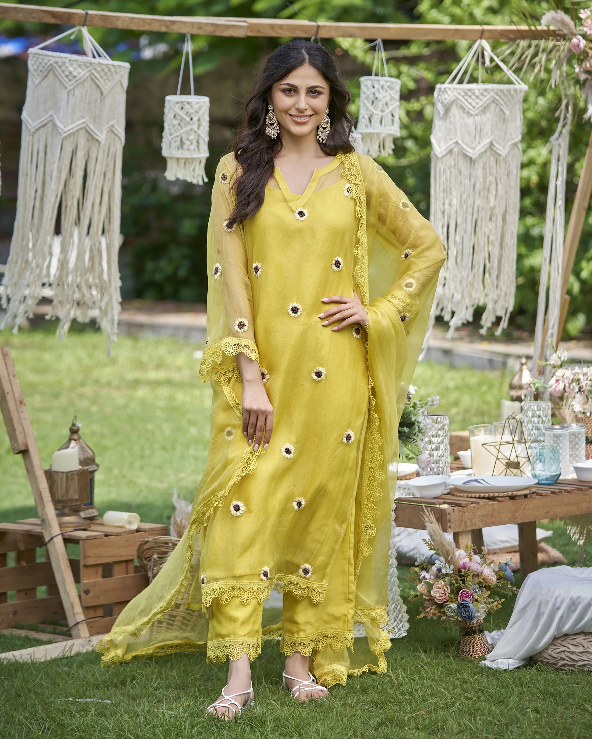 Murat Yellow Embroidered Organza Kurta Set My Store