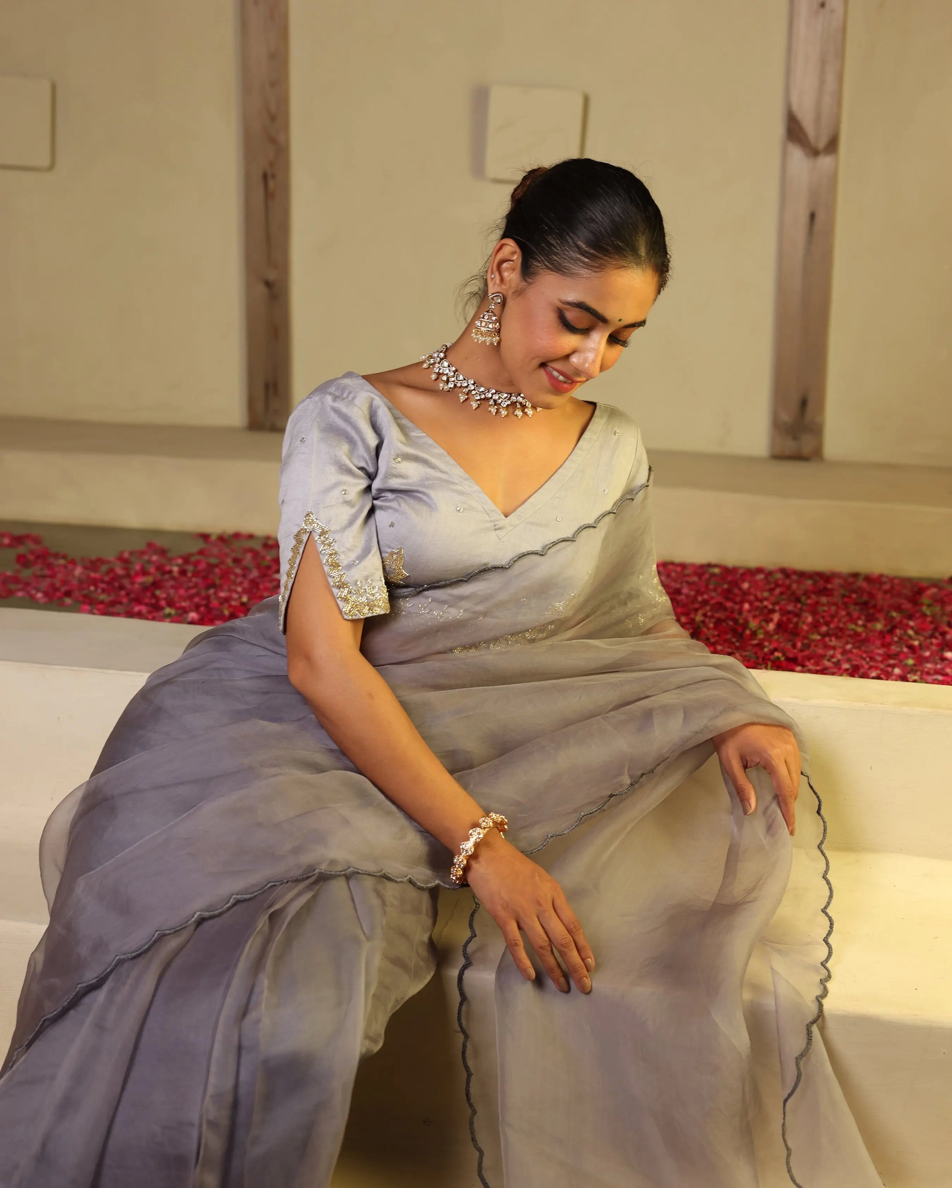 Chhavi Grey Chanderi Embroidered Blouse My Store