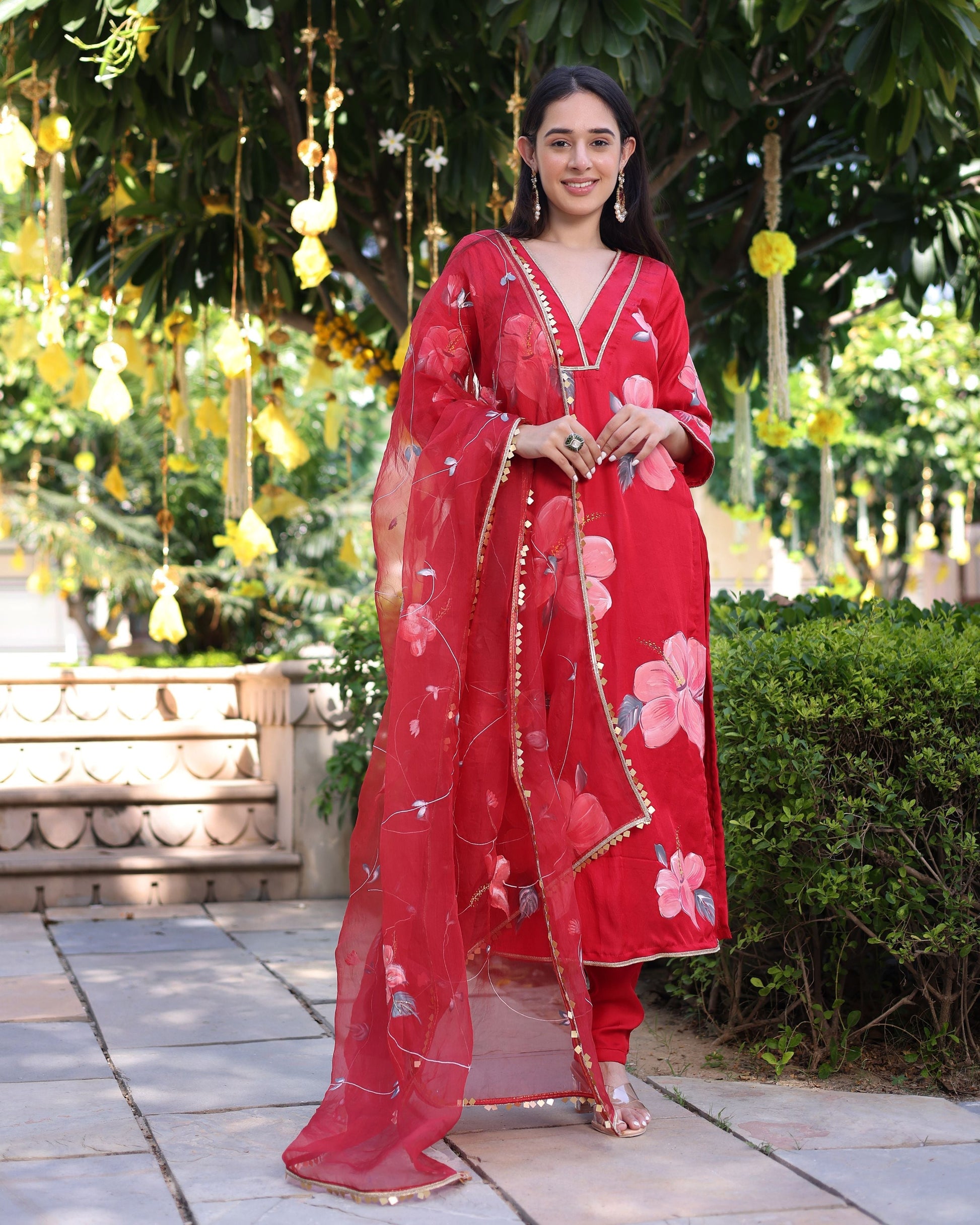 Raspberry Blush Red Handpainted Satin Suit Set Quick Cart