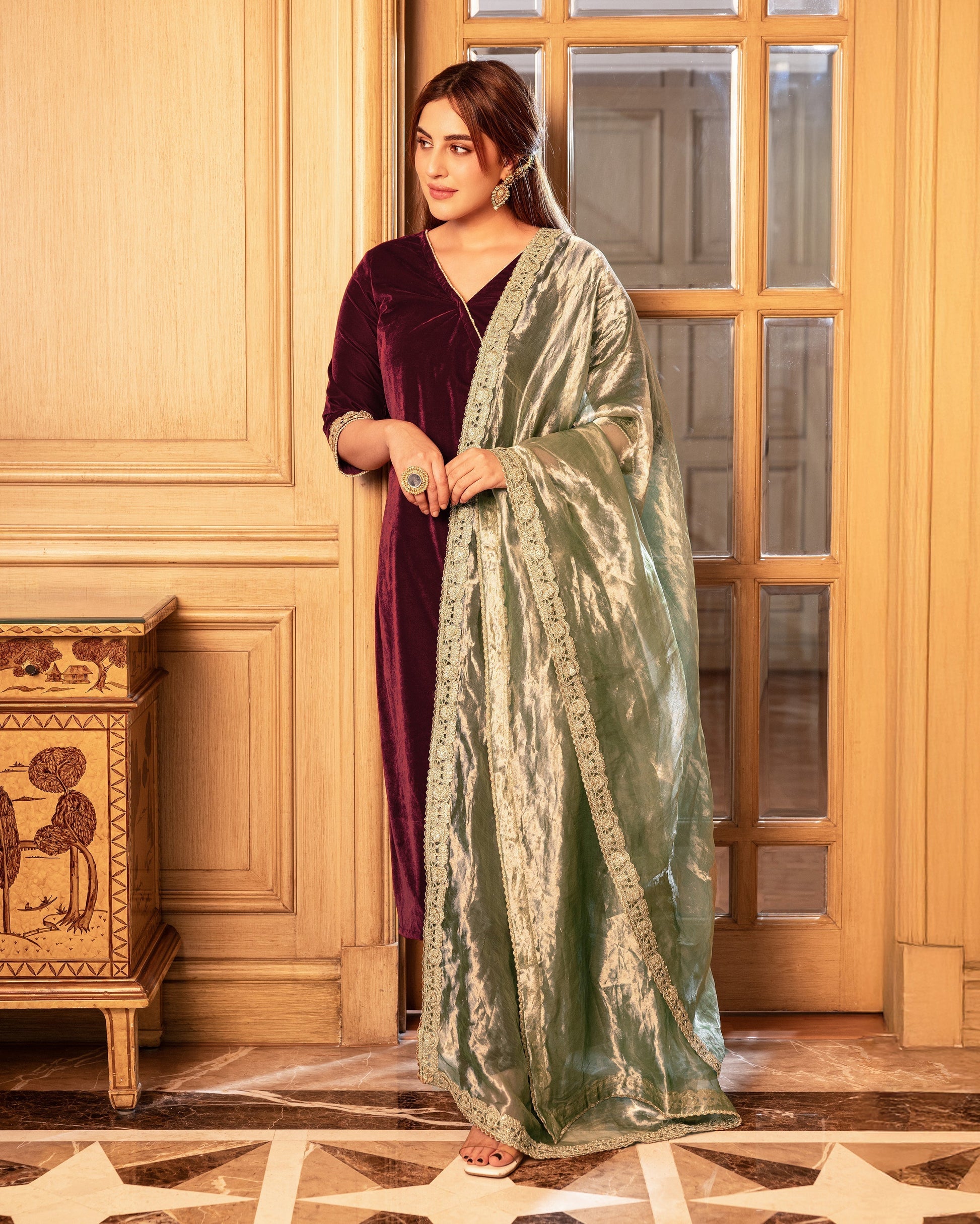 Behana Maroon Solid Velvet Suit Set My Store