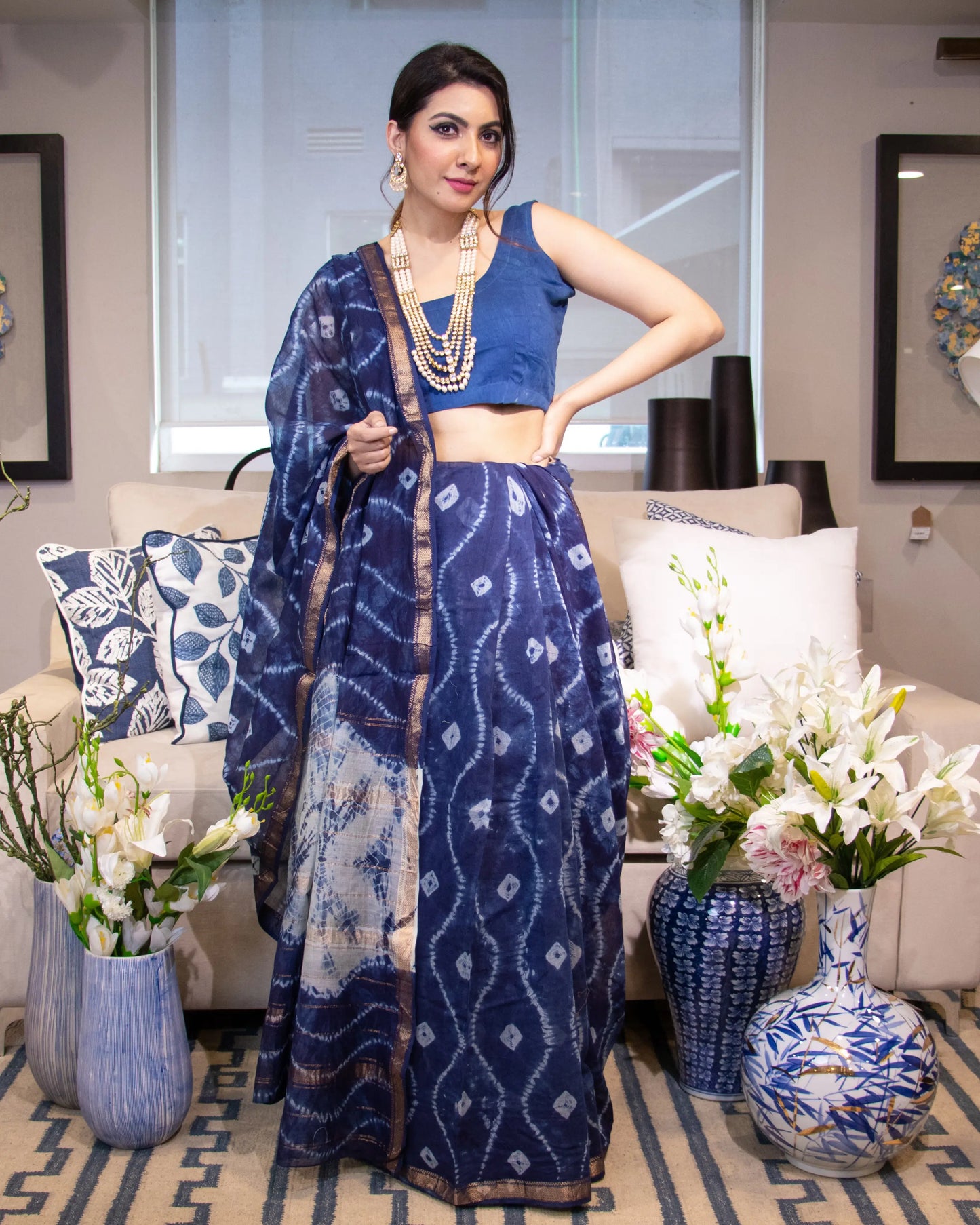 Mulan Blue Handblock Chanderi Silk Saree My Store