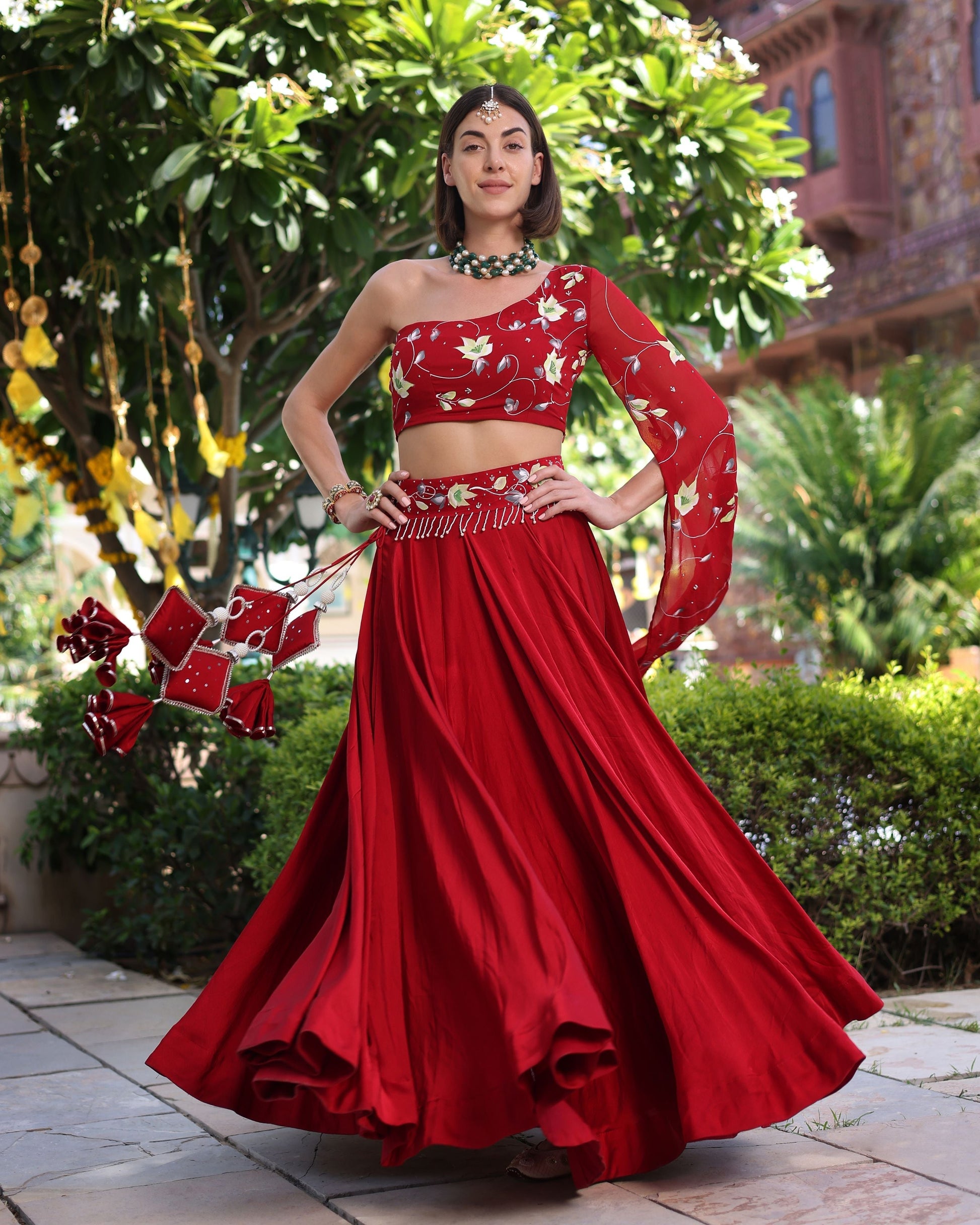 Rutvi Red Handpainted Satin Lehenga Set Quick Cart